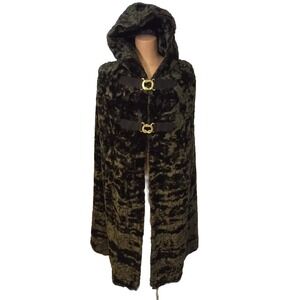 Vintage Long Faux Fur Cape With Hood And Two Gold Tone Buckles Wedding Photo